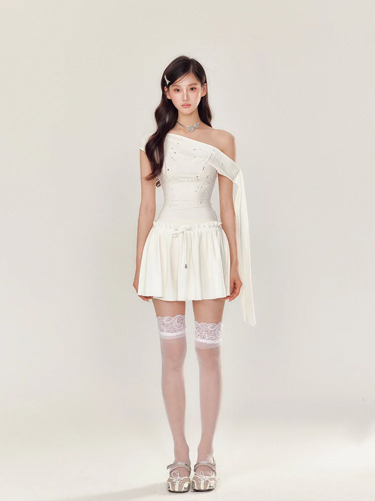 Off-Shoulder Pearl and Rhinestone Puff Dress