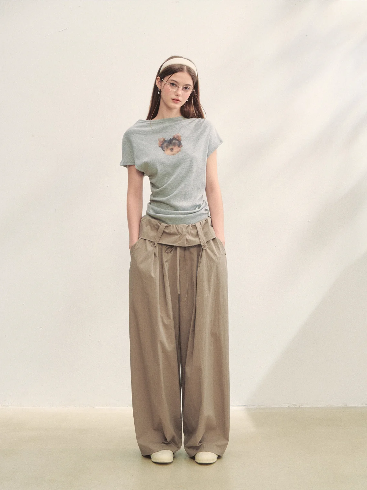 Elastic Pleated Crew Neck T-shirt