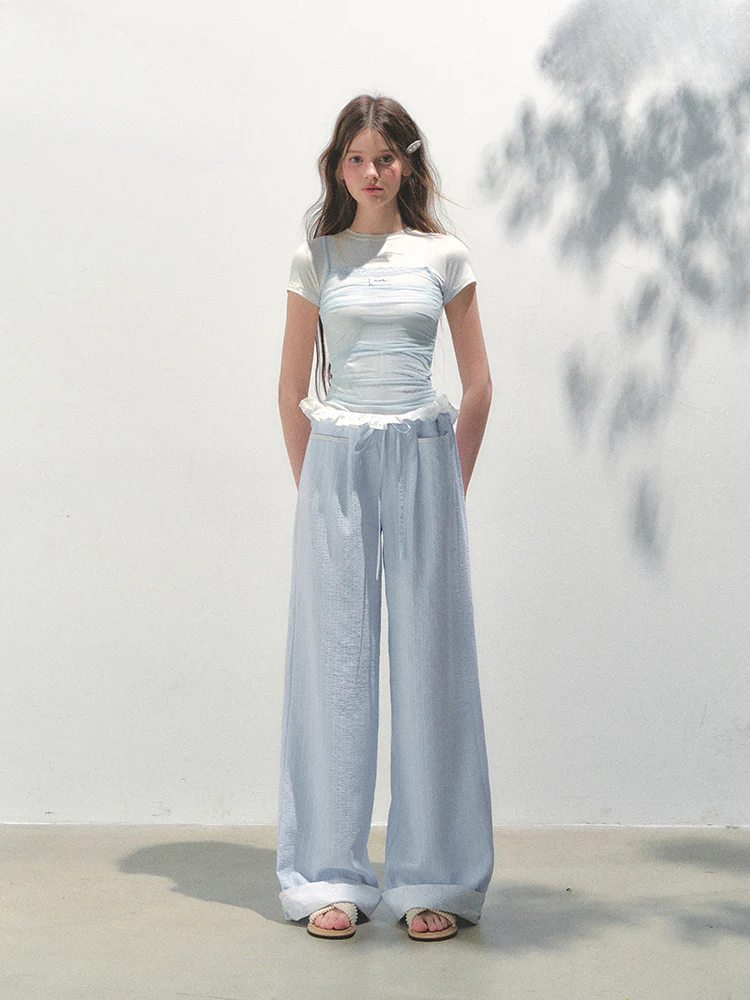 Vertical Striped Drawstring Waist Pink - Blue Pants