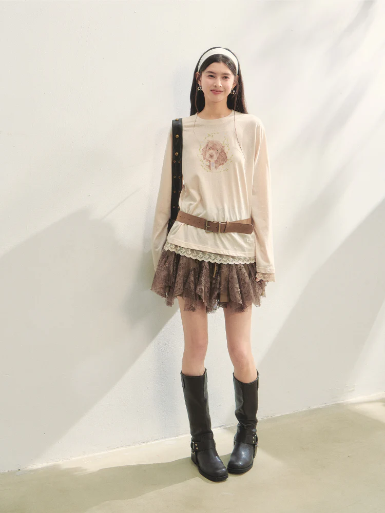 Lace Panel Animal Print Long-Sleeve Tee