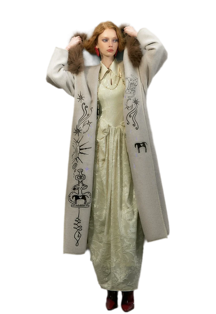 Embroidered Hooded Wool Coat