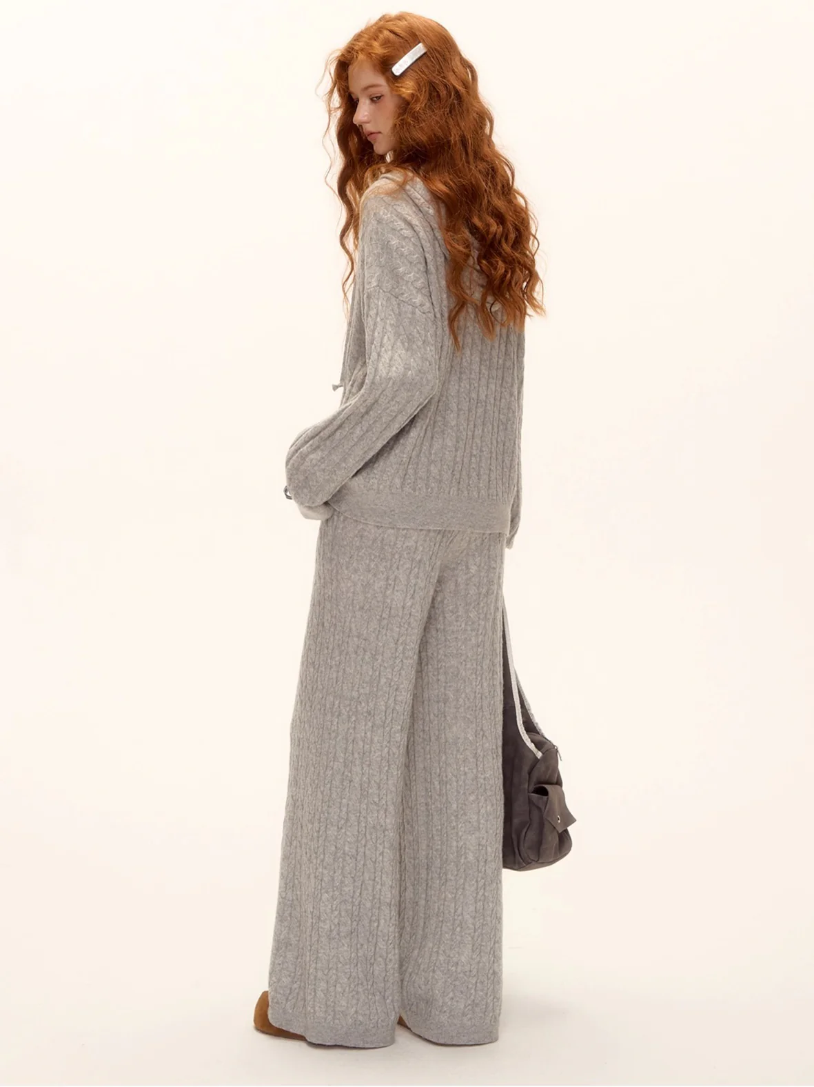 Wool Blend Cable Knit Hoodie & Wide-Leg Pants Set