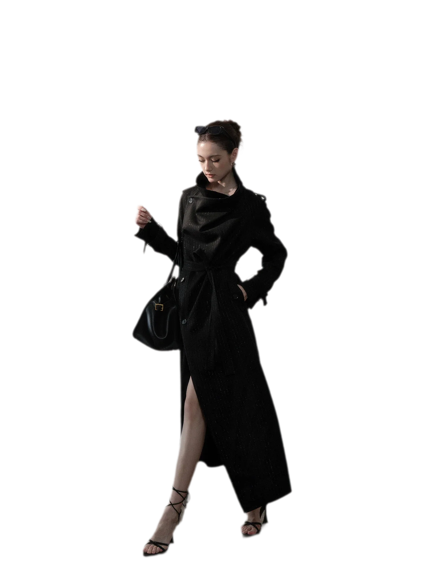 Silver-Thread Striped Long Trench Coat