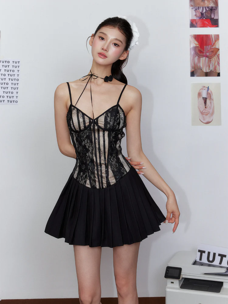 Pleated Lace Waist-Cinching Dress & Coat Set