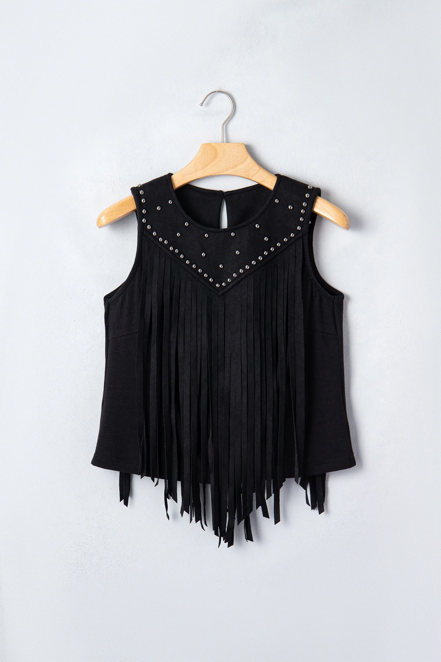 Black Western Fringe Rivet Paneling Bust Sleeveless Top