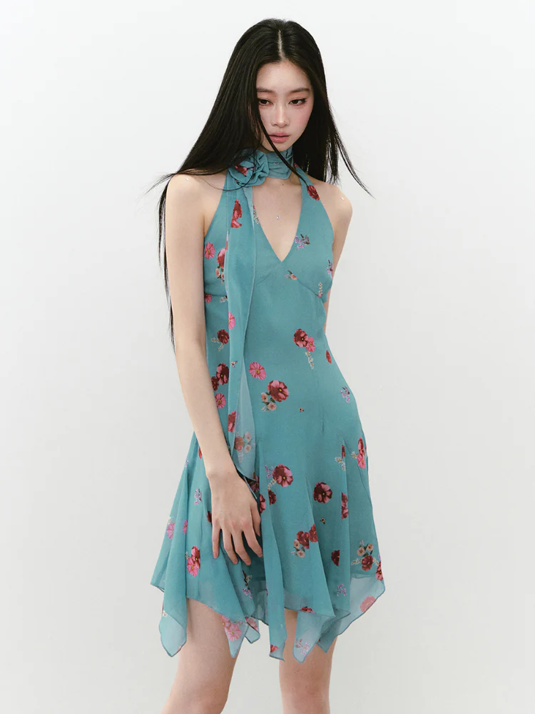 Blue Halter Printed Dress