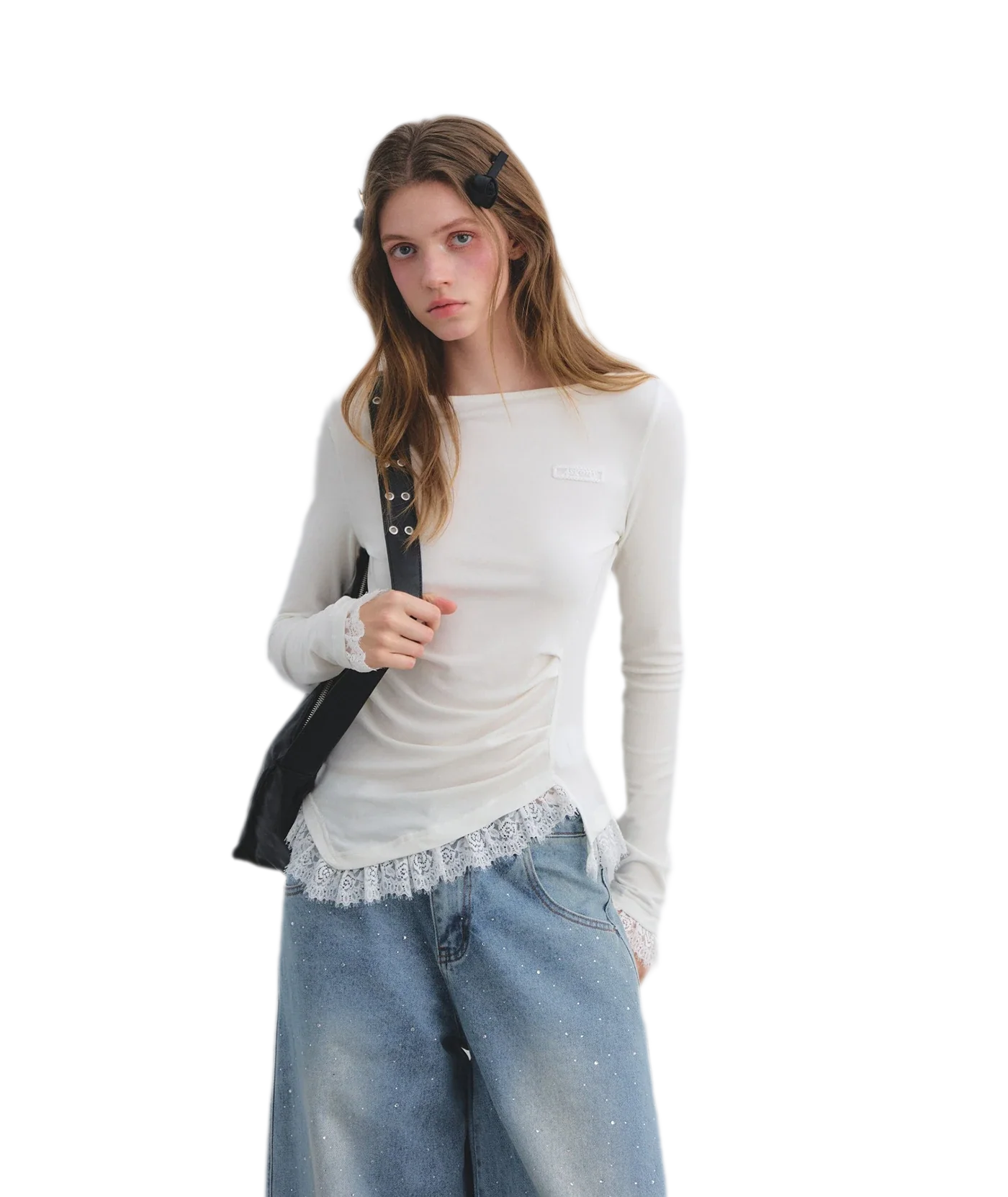 Lace Panel Ruched Hem Top