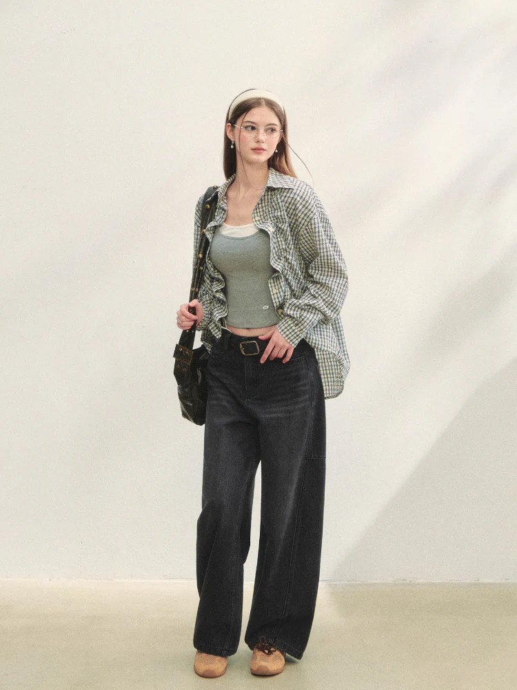 Checkered Contrast Hem Drawstring Pleated Shirt