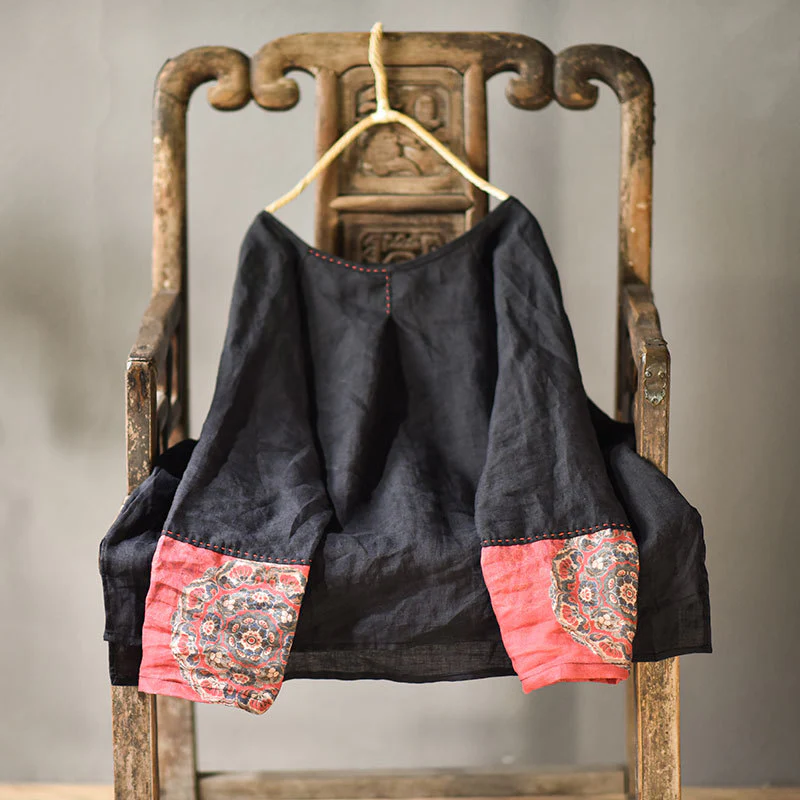Ladies Retro Patchwork Printed Loose Cotton Linen Pullover