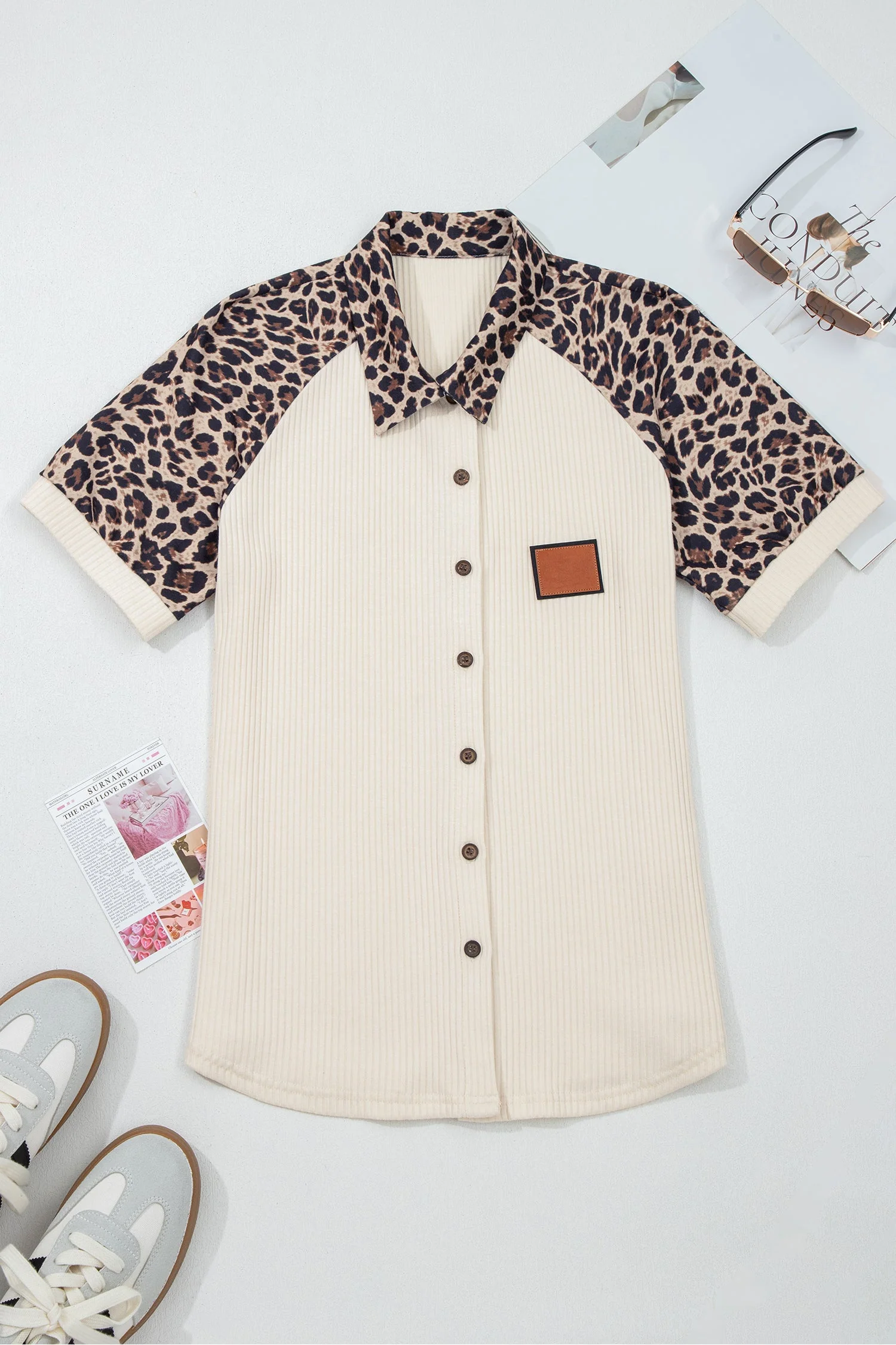 White Ribbed Texture Button Down Leopard Patchwork Short Sleeve Shirt