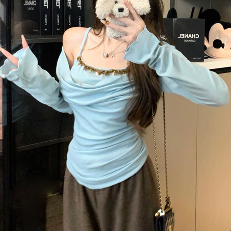 Off Shoulder Long Sleeve Mock Two Piece Top