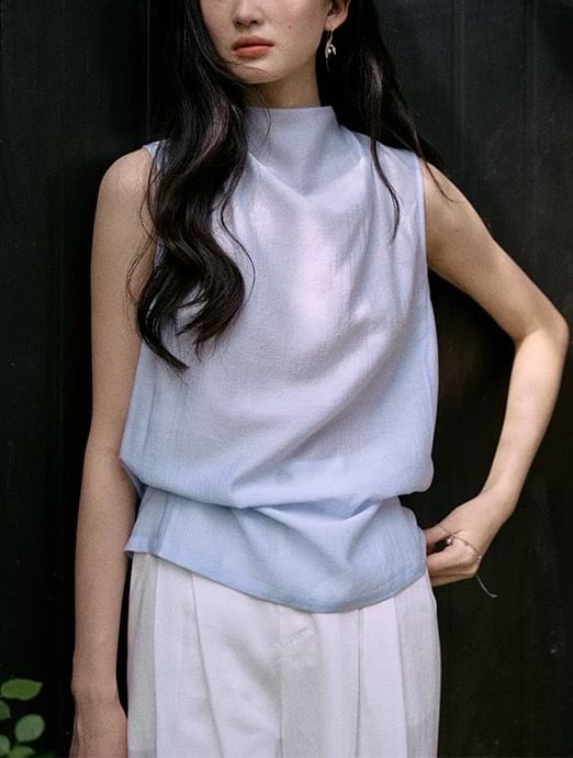 Neck Plain Blouse Mock Sleeveless