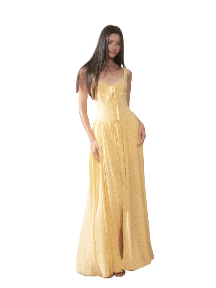 Lace Knit Spaghetti Strap Slit Long Dress