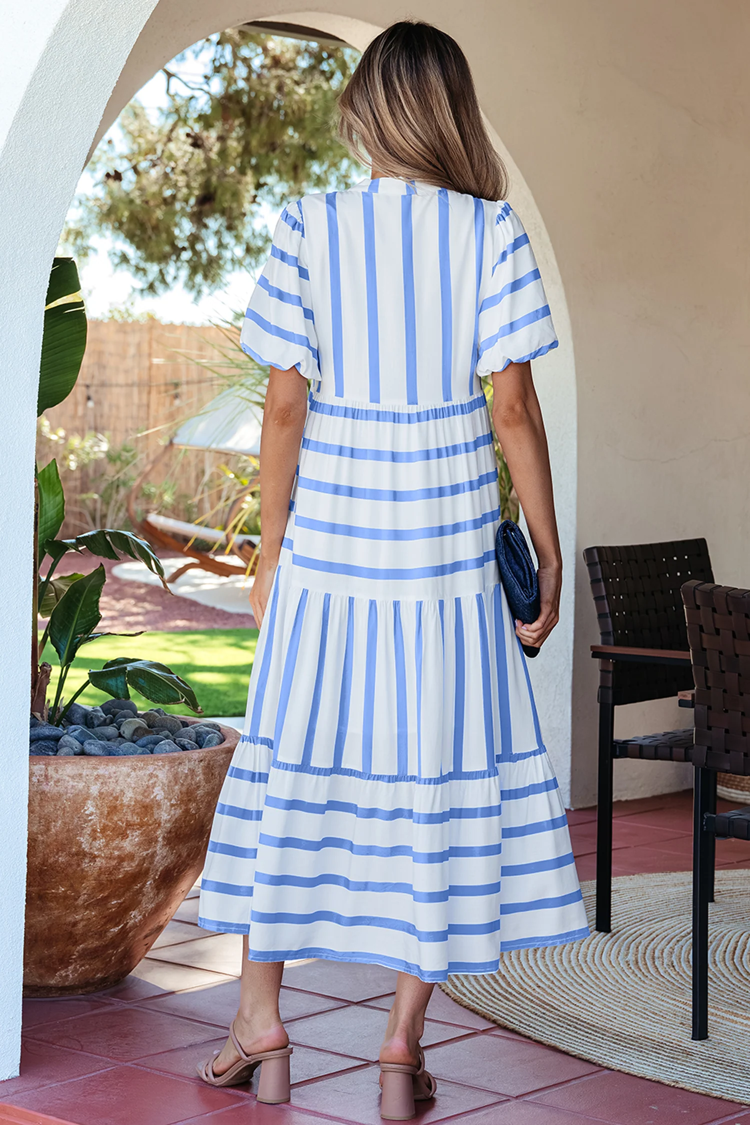 Ricrac Trim Notched Neck Half Sleeve Vacation Dress