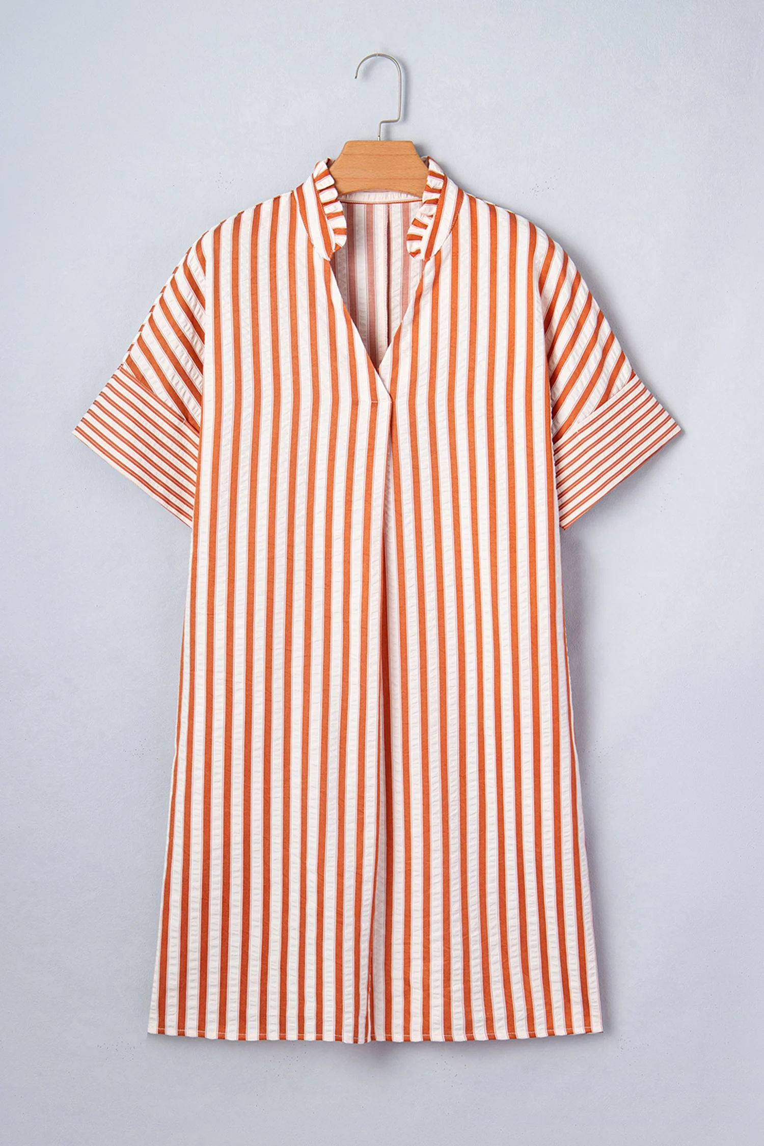 Brown Stripe Pinched V Neck Turn-up Cuffs Shift Mini Dress