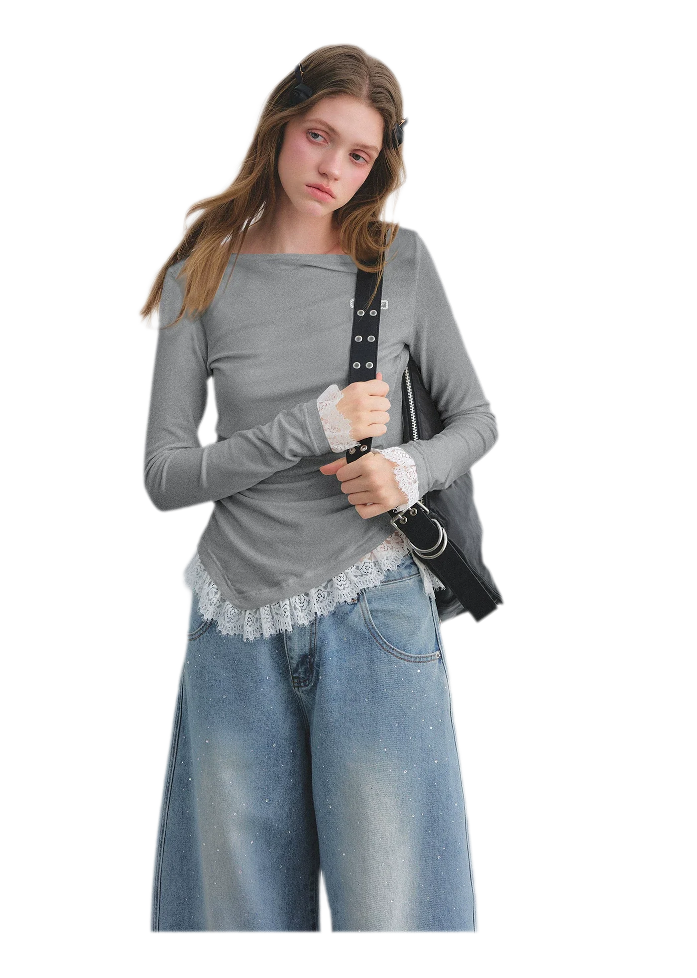 Lace Panel Ruched Hem Top