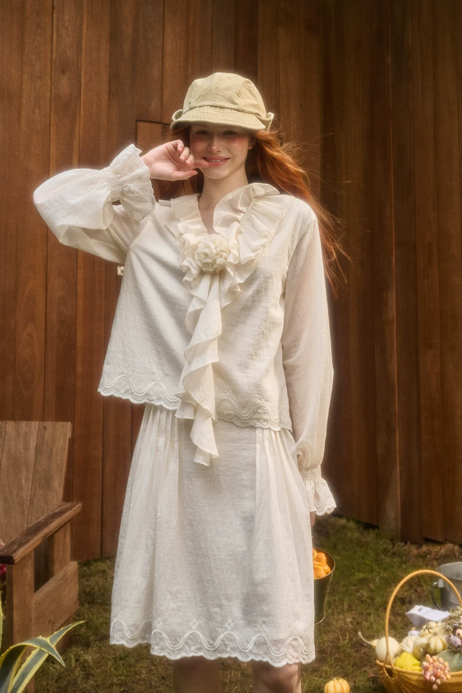 Embroidered Ruffle Blouse Skirt Set
