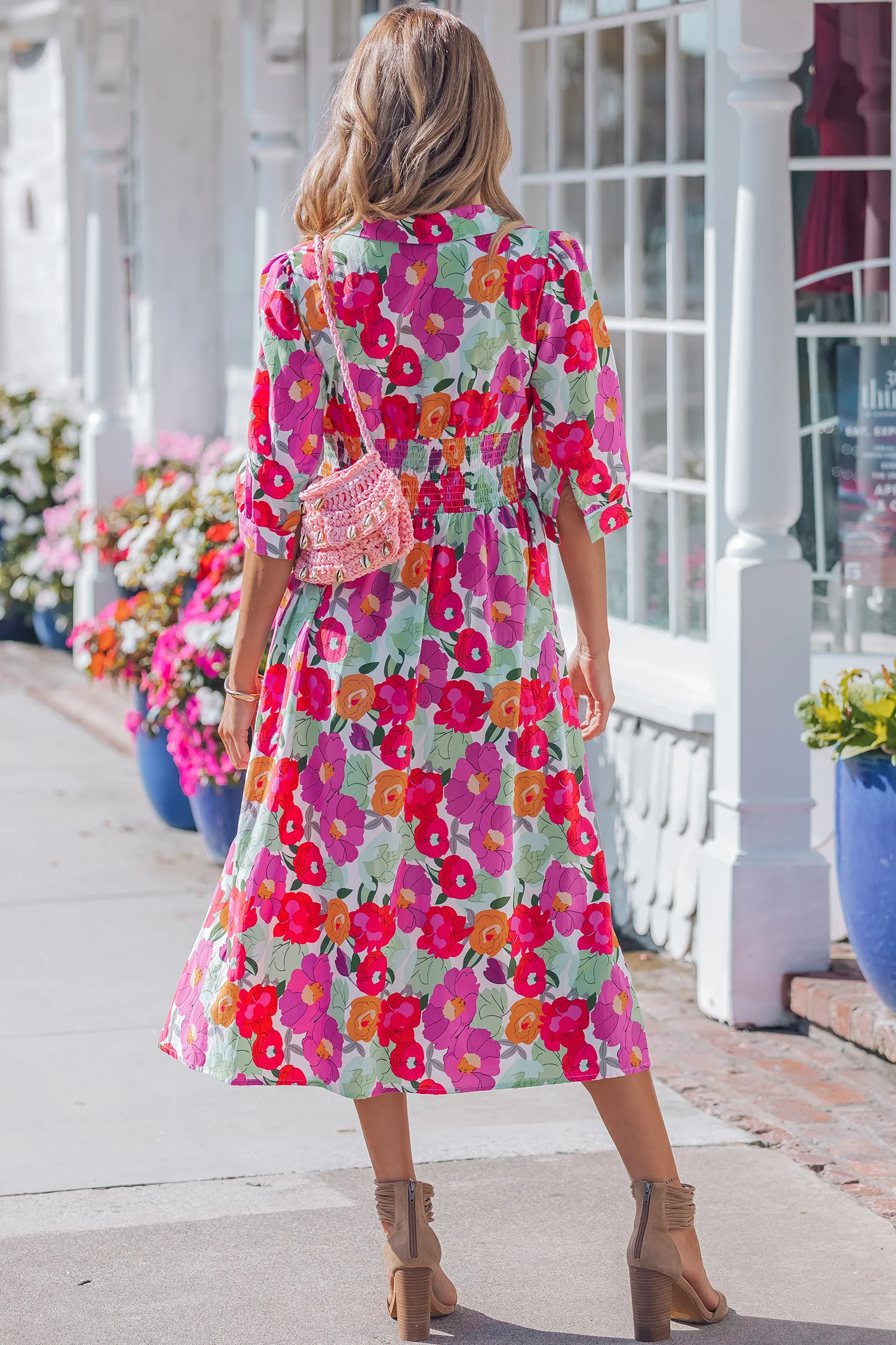 Rose Vibrant Floral Print Zip Up Puffy Half Sleeve Dress