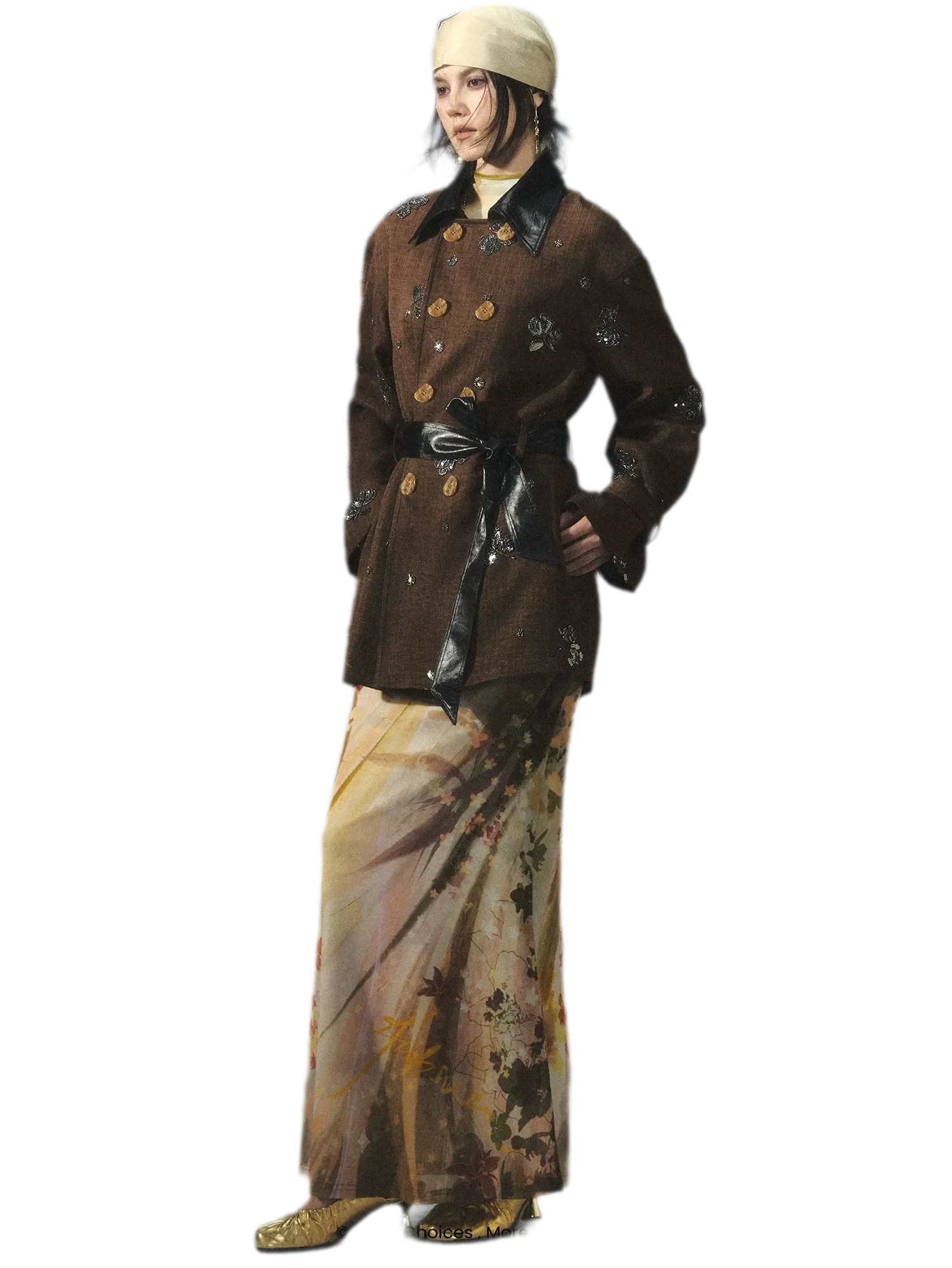 Beaded Embroidered Leather-Trim Trench Coat