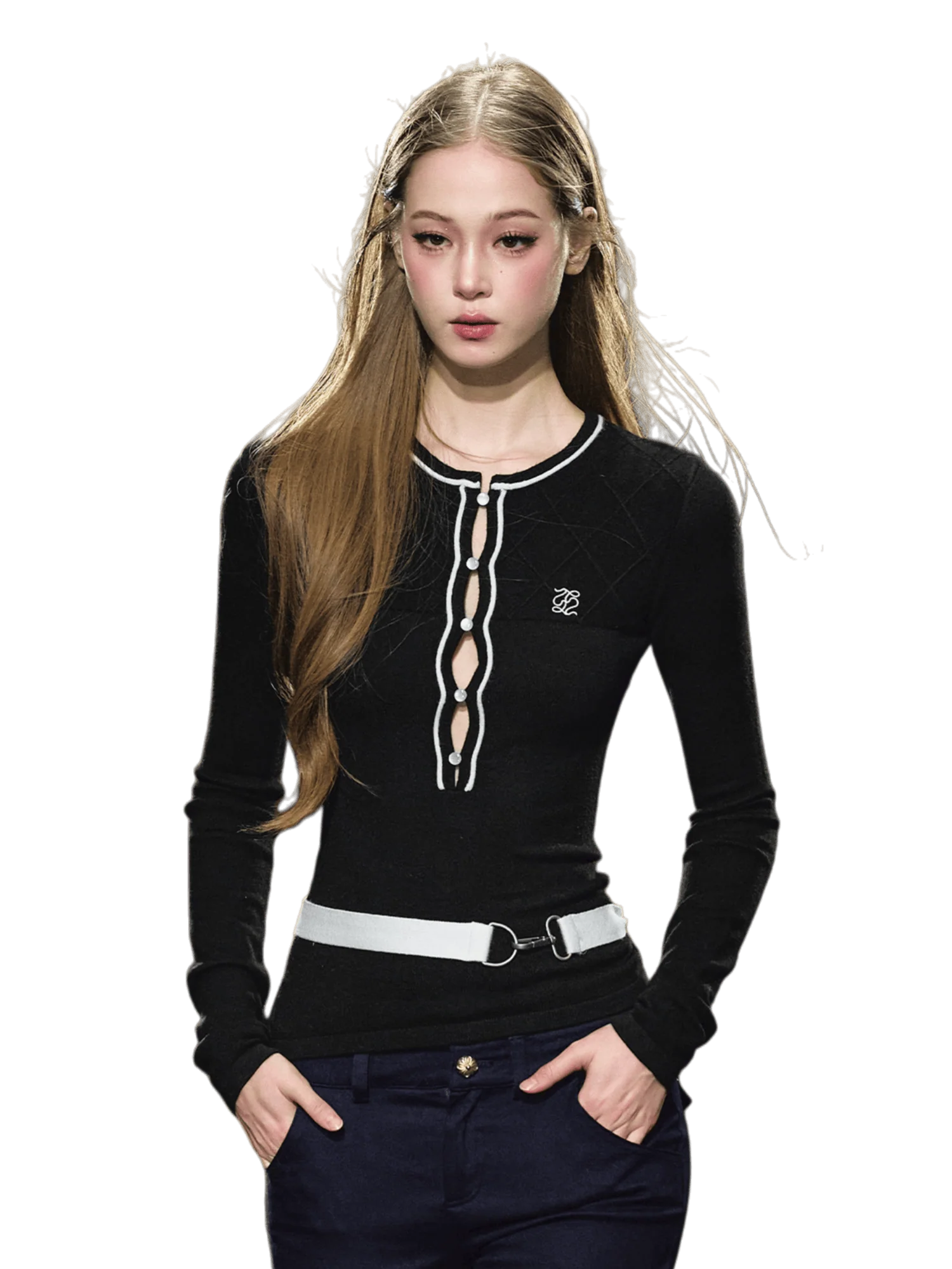 Contrast Trim Knit Belt Detail Fitted Crewneck