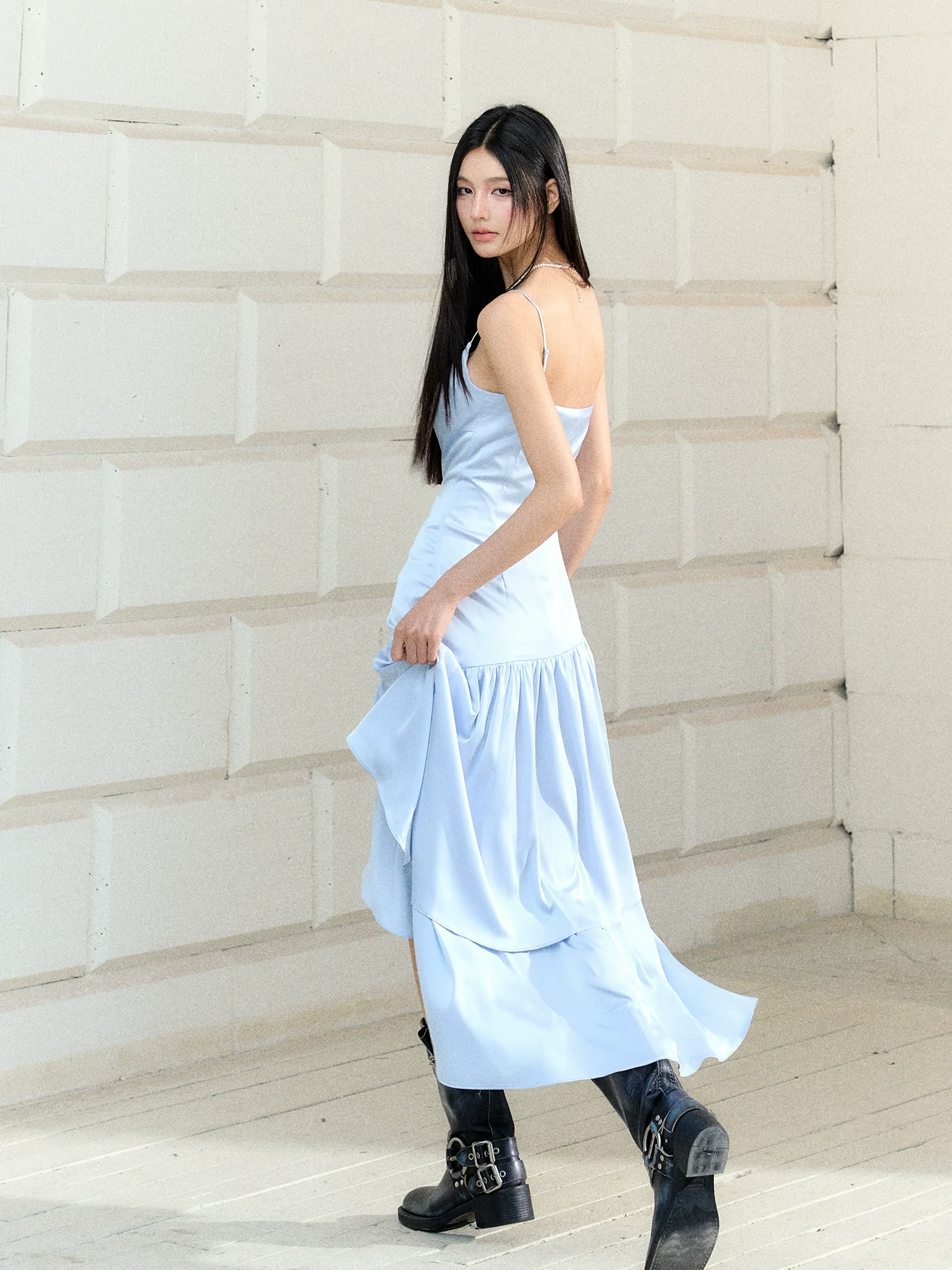 Blue Satin Lace Trim Dress