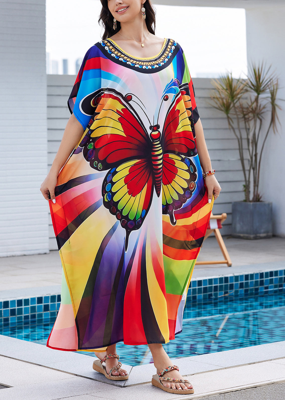 Summer Rainbow Side Fashion Print Maxi Dress Open Butterfly