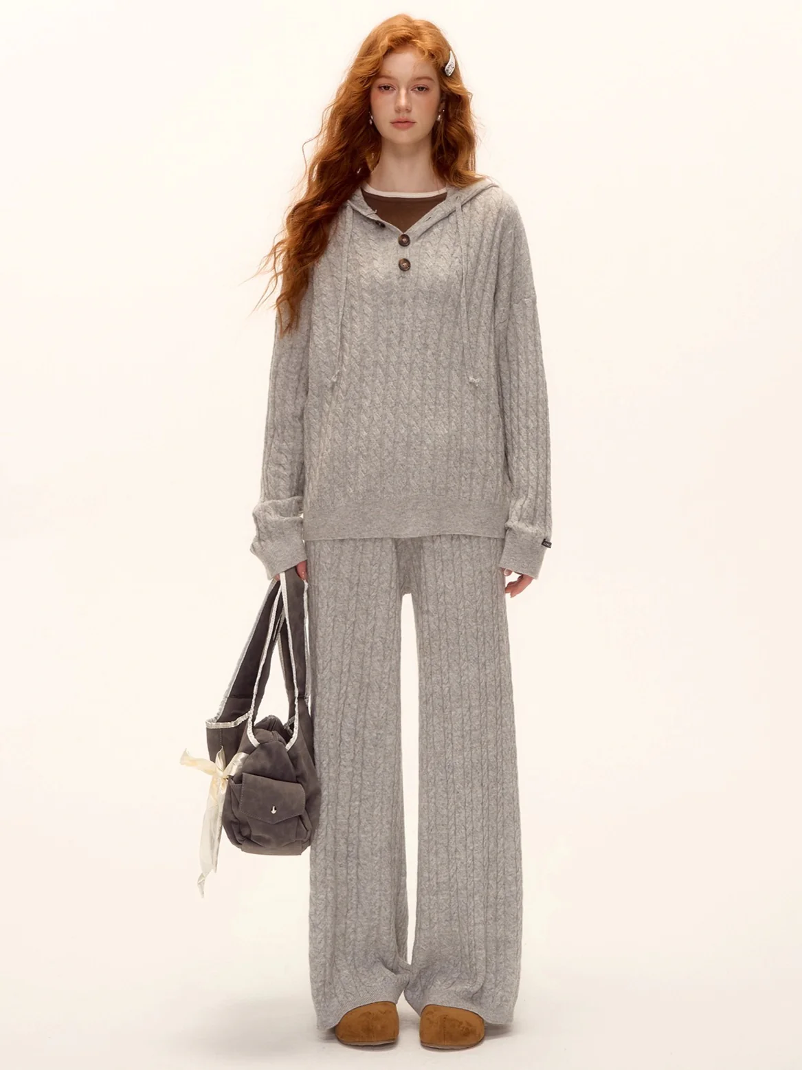 Wool Blend Cable Knit Hoodie & Wide-Leg Pants Set