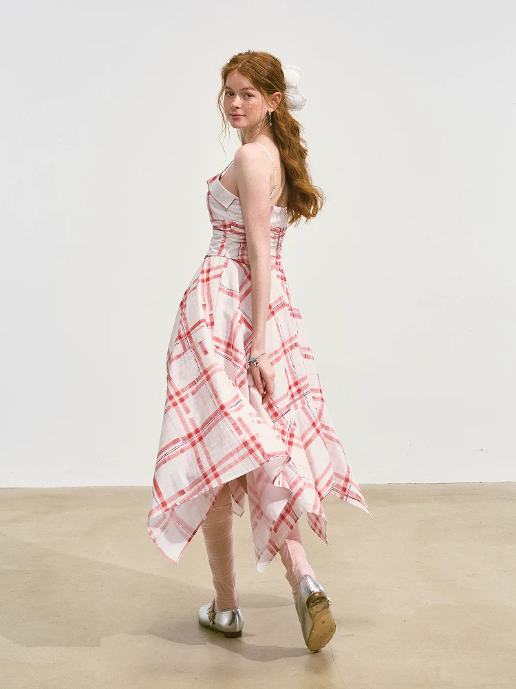 Plaid Irregular Waist-Cinching Spaghetti Strap Dress