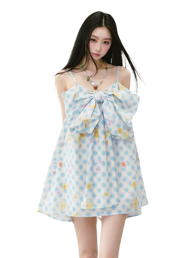 Plaid Floral Bow Print Spaghetti Strap Dress