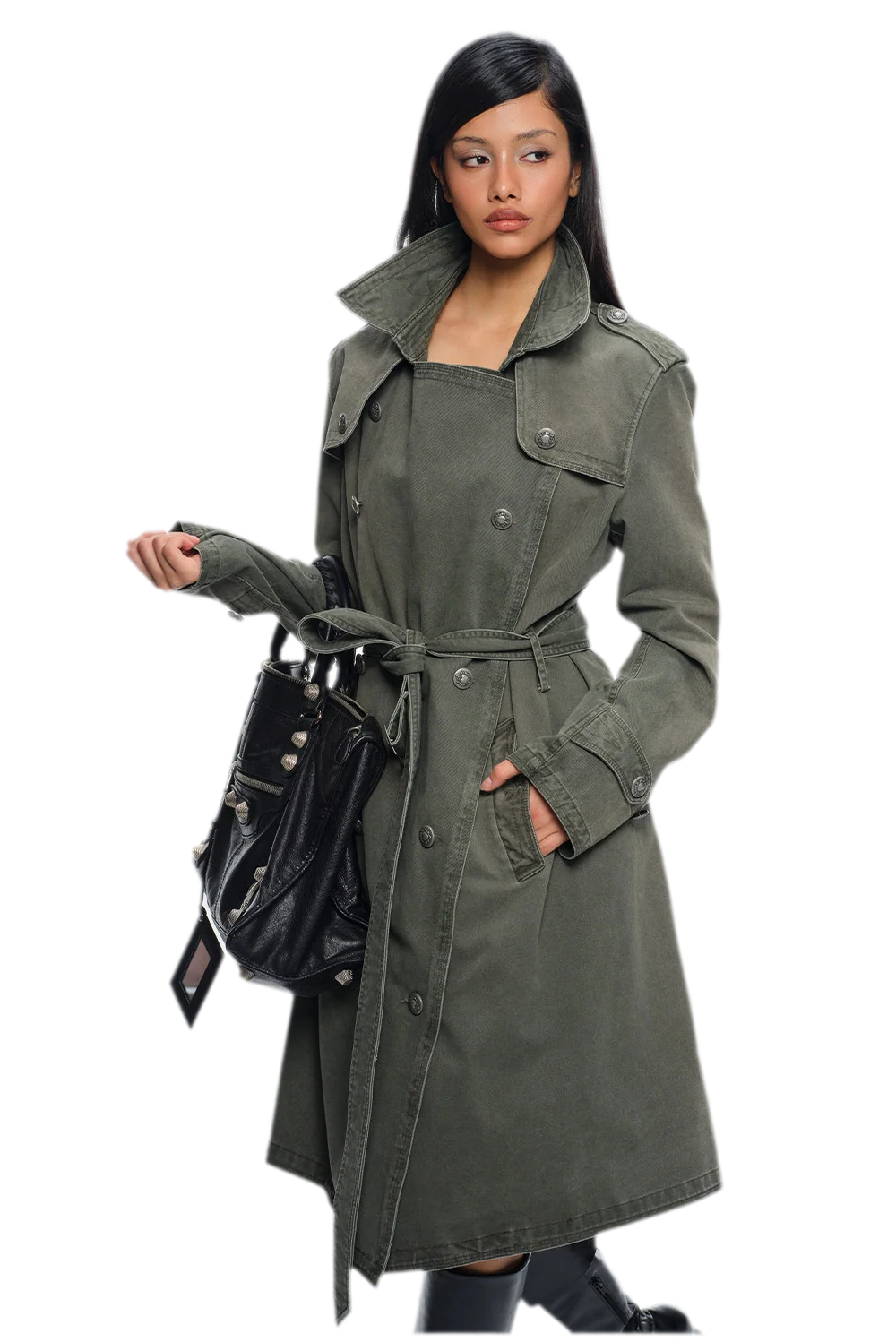 Washed Military Green Trench Coat