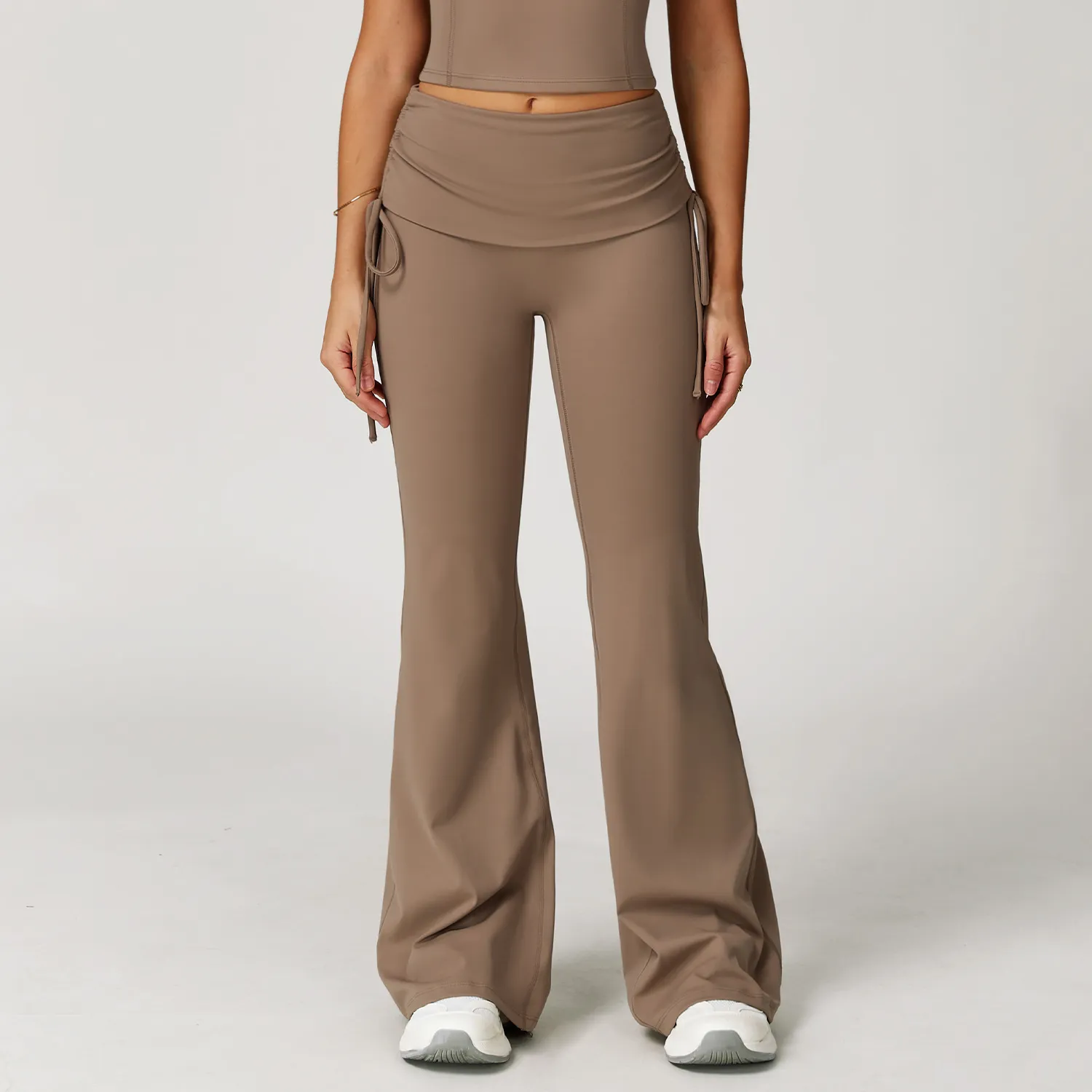 Folded Waist Yoga Flared Pants with Drawstring