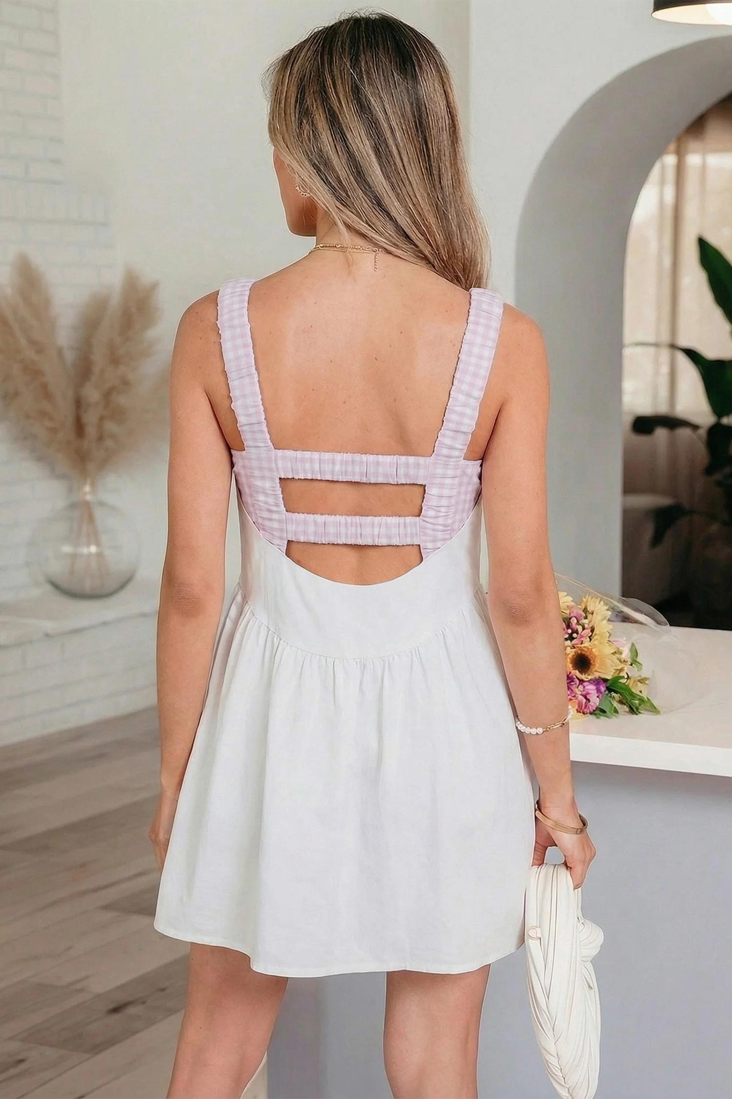 White Faux Two Piece Gingham Contrast Patchwork Loose Mini Dress