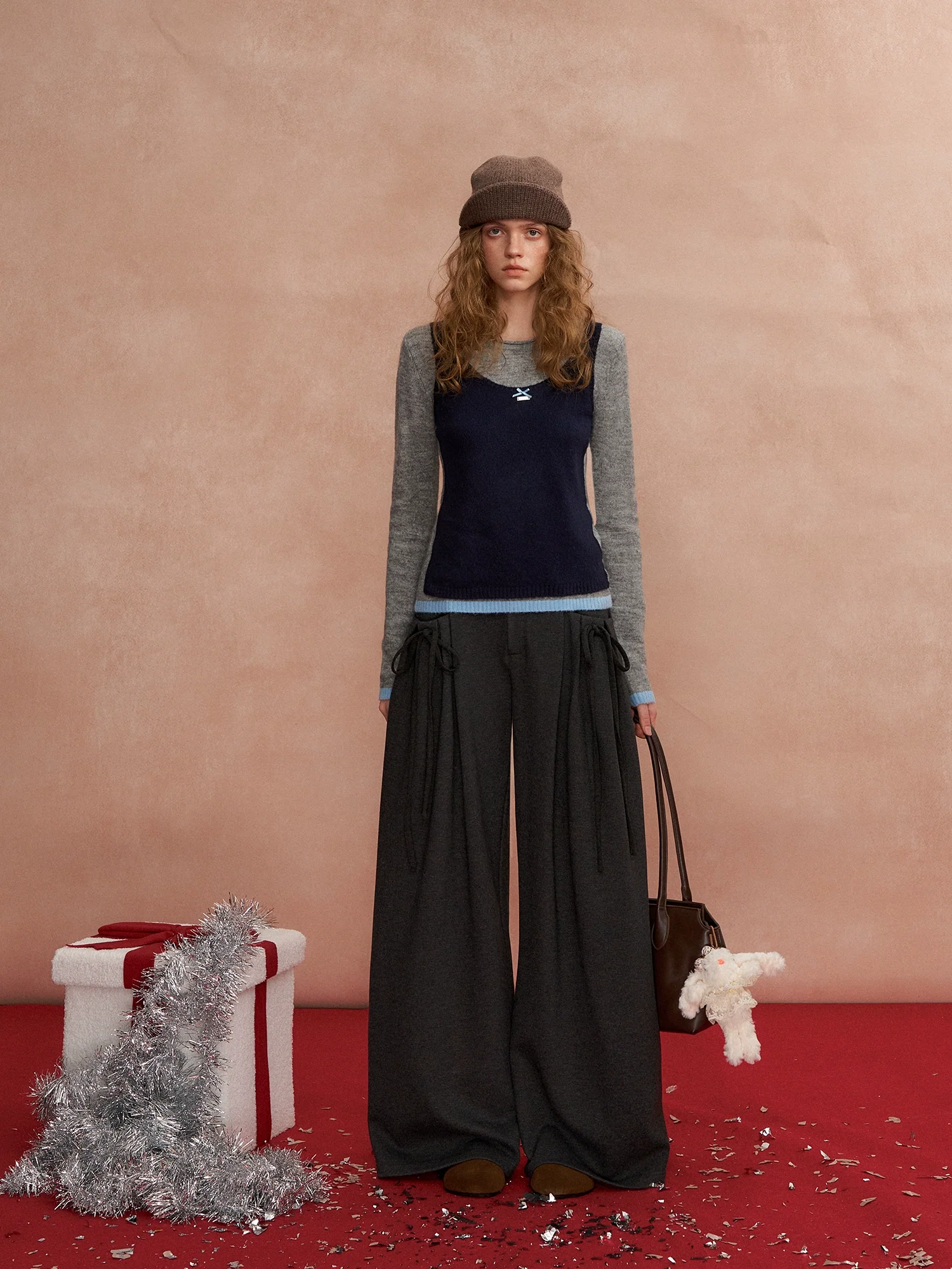 Pleated Bow Wool Blend Trousers