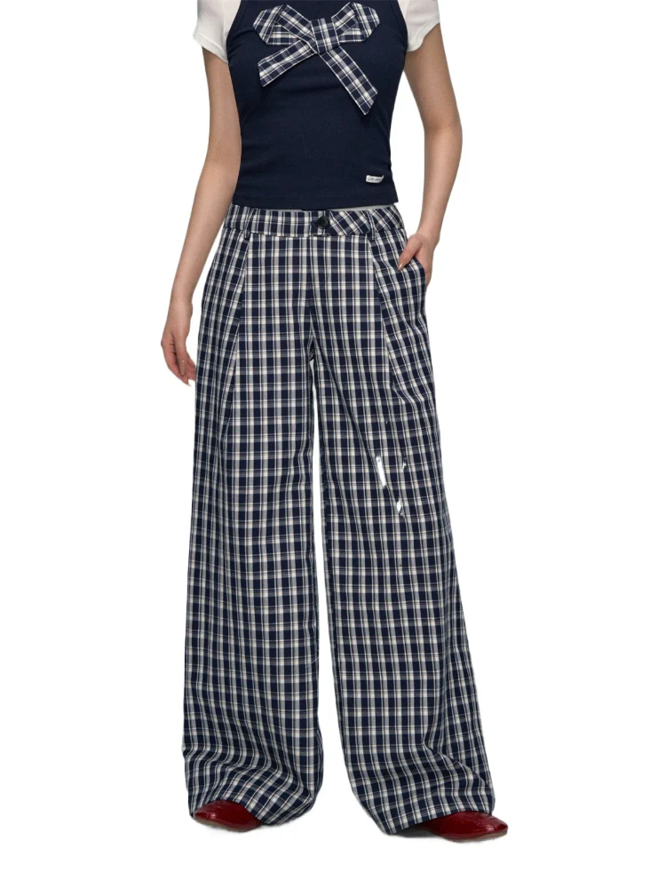 White Waistband Spliced Plaid Trousers