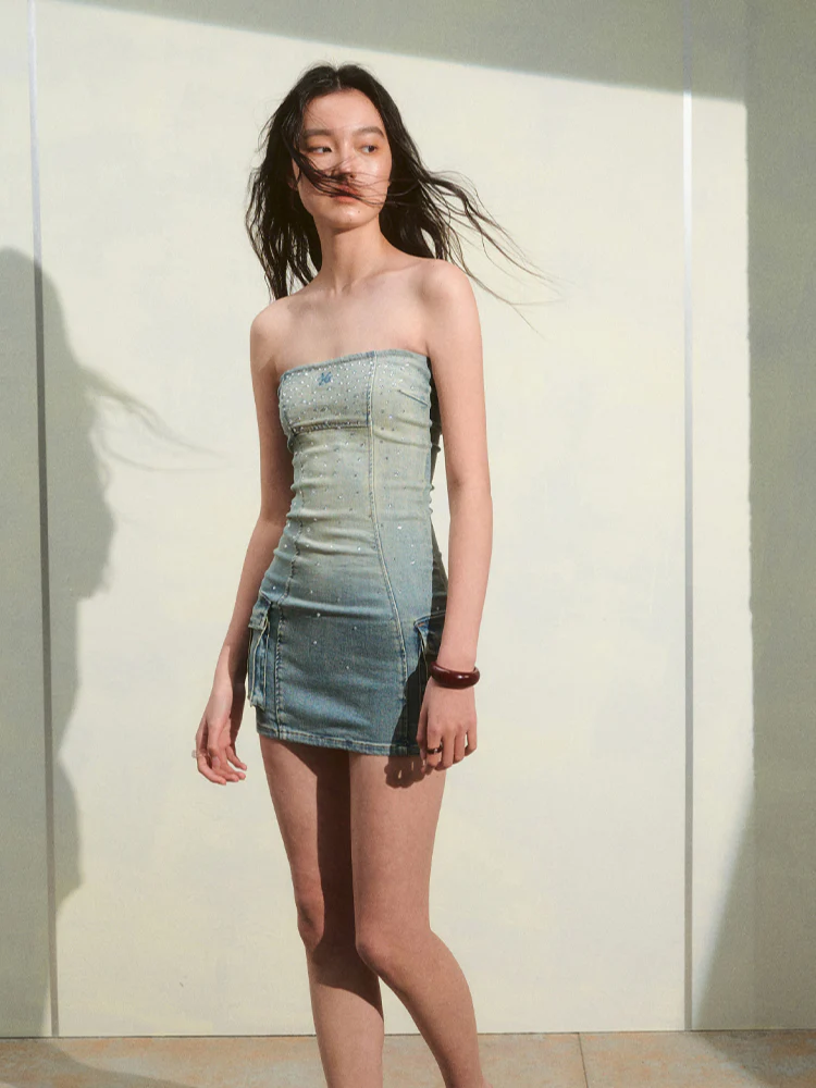 Jeans Waist-Cinching Rhinestone Strapless Dress