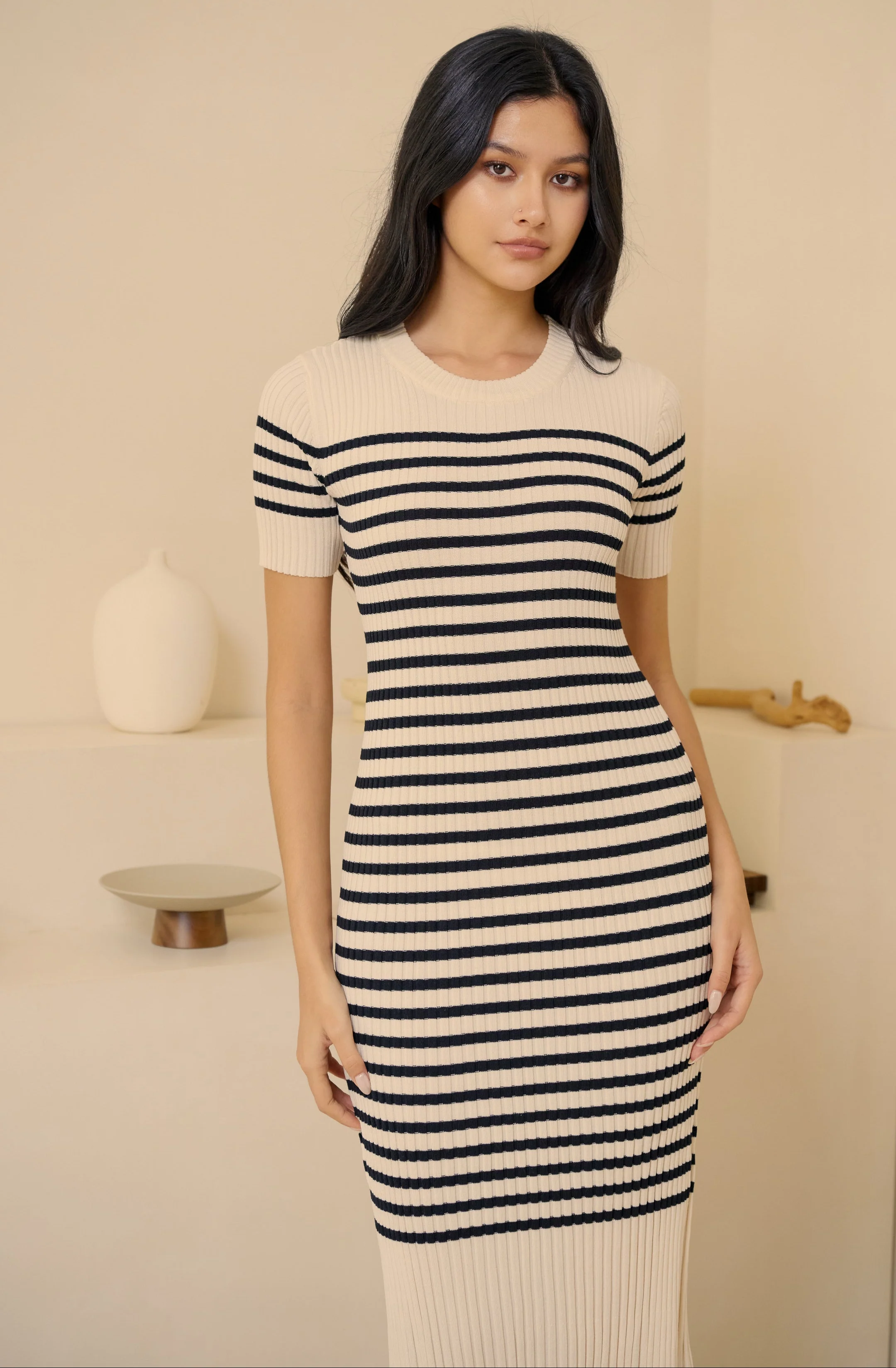 New women stripe knit dress in white