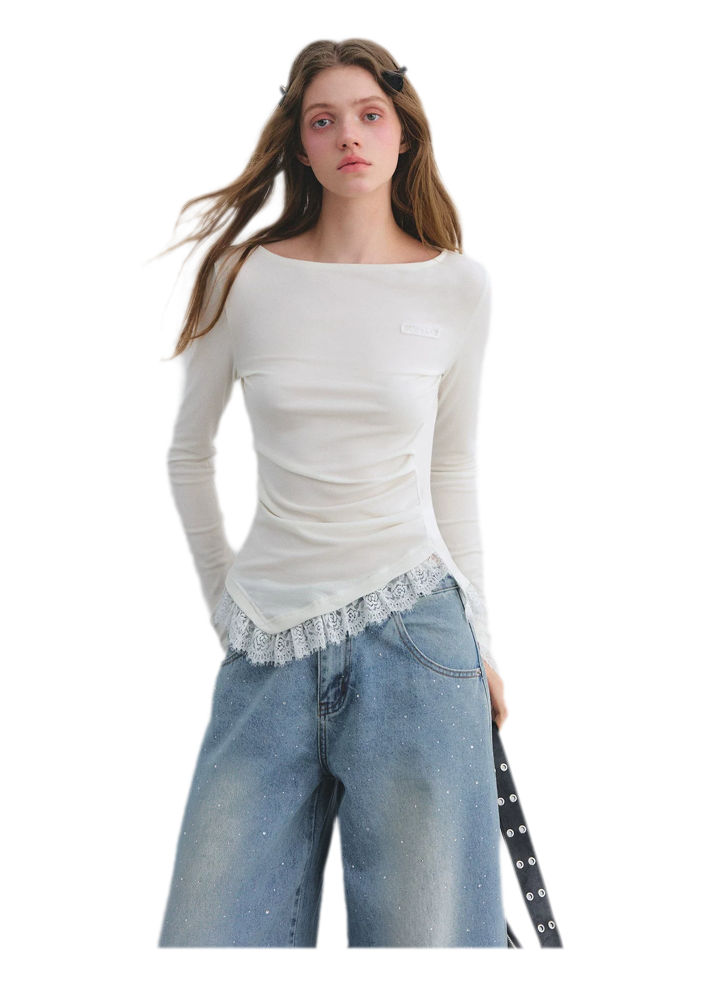 Lace Panel Ruched Hem Top