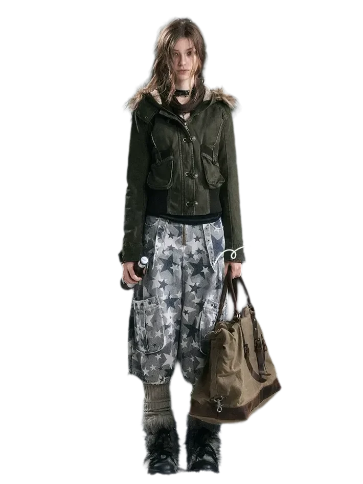 Washed Quilted Fur-Trim Hooded Jacket