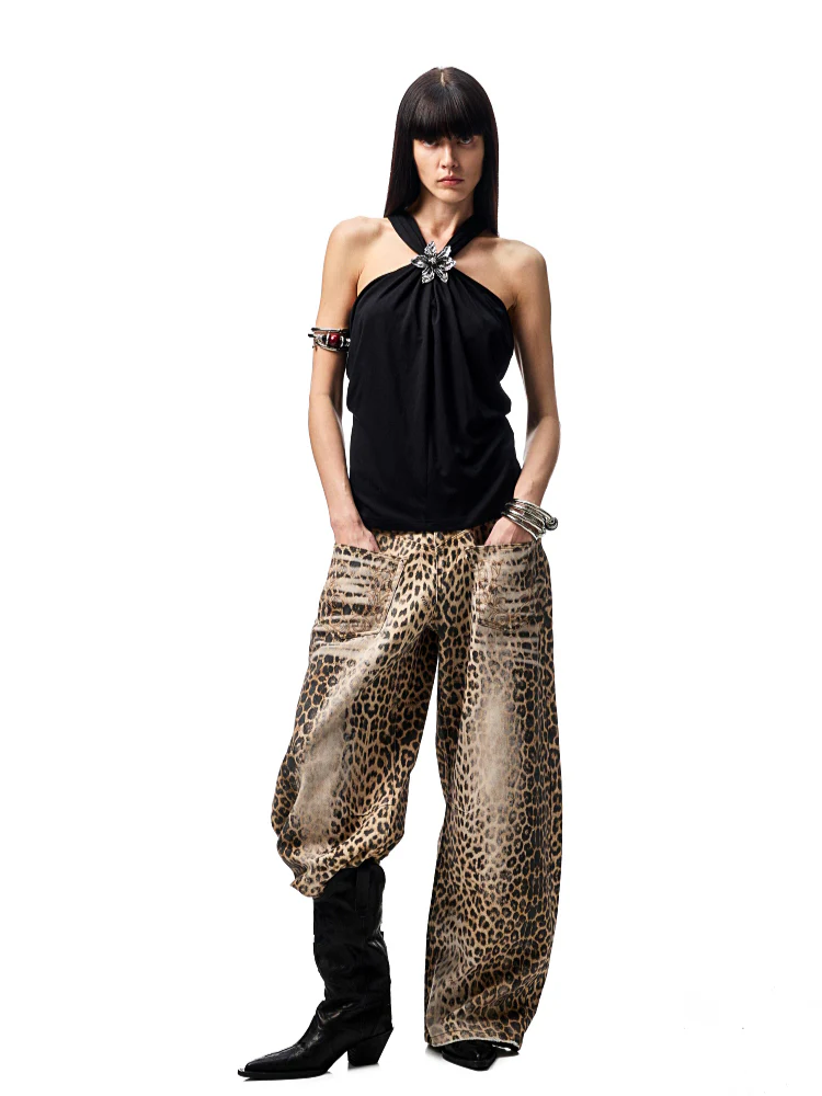 Washed Leopard Print Canvas Curved Pants