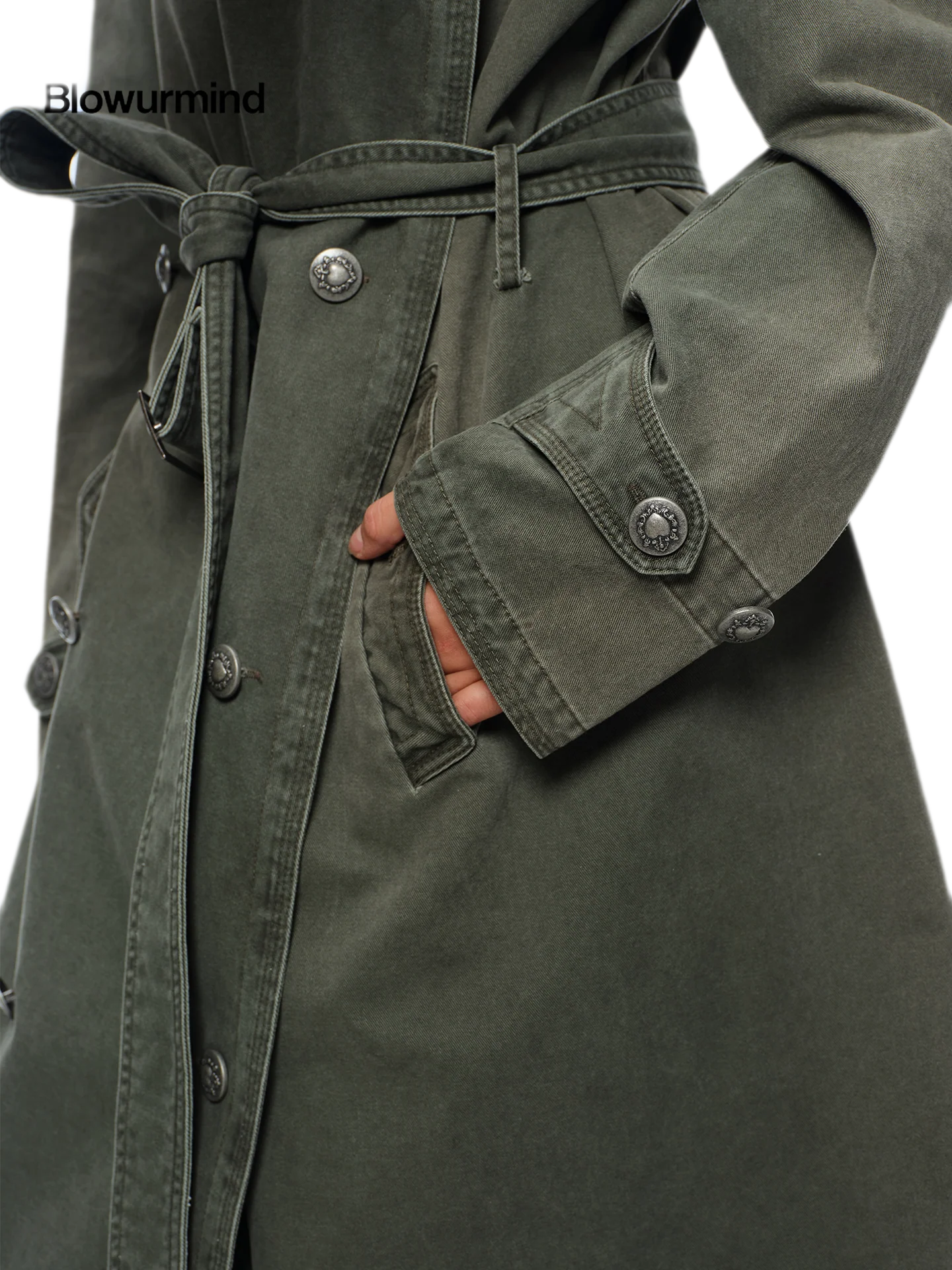 Washed Military Green Trench Coat