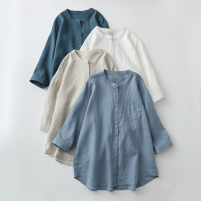 Summer Cotton Linen Stand Collar 3/4 Sleeves Shirt
