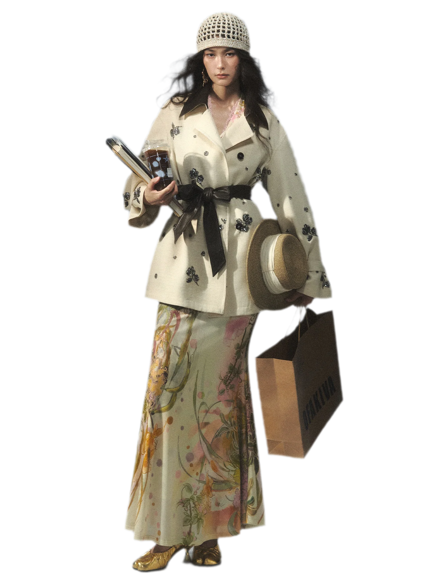 Beaded Embroidered Leather-Trim Trench Coat