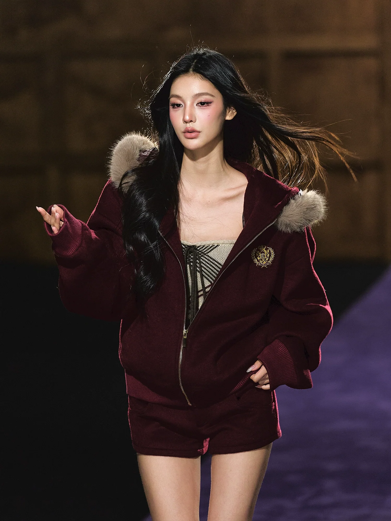 Wool-Blend Faux Fur Hooded Fleece Two-Piece Set