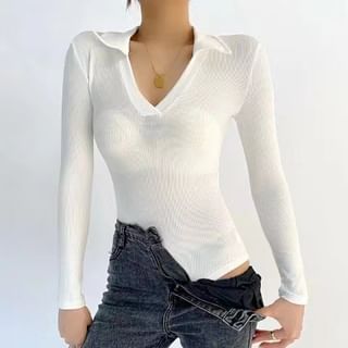 Ribbed Long-Sleeve Top Plain Bodysuit Polo-Neck