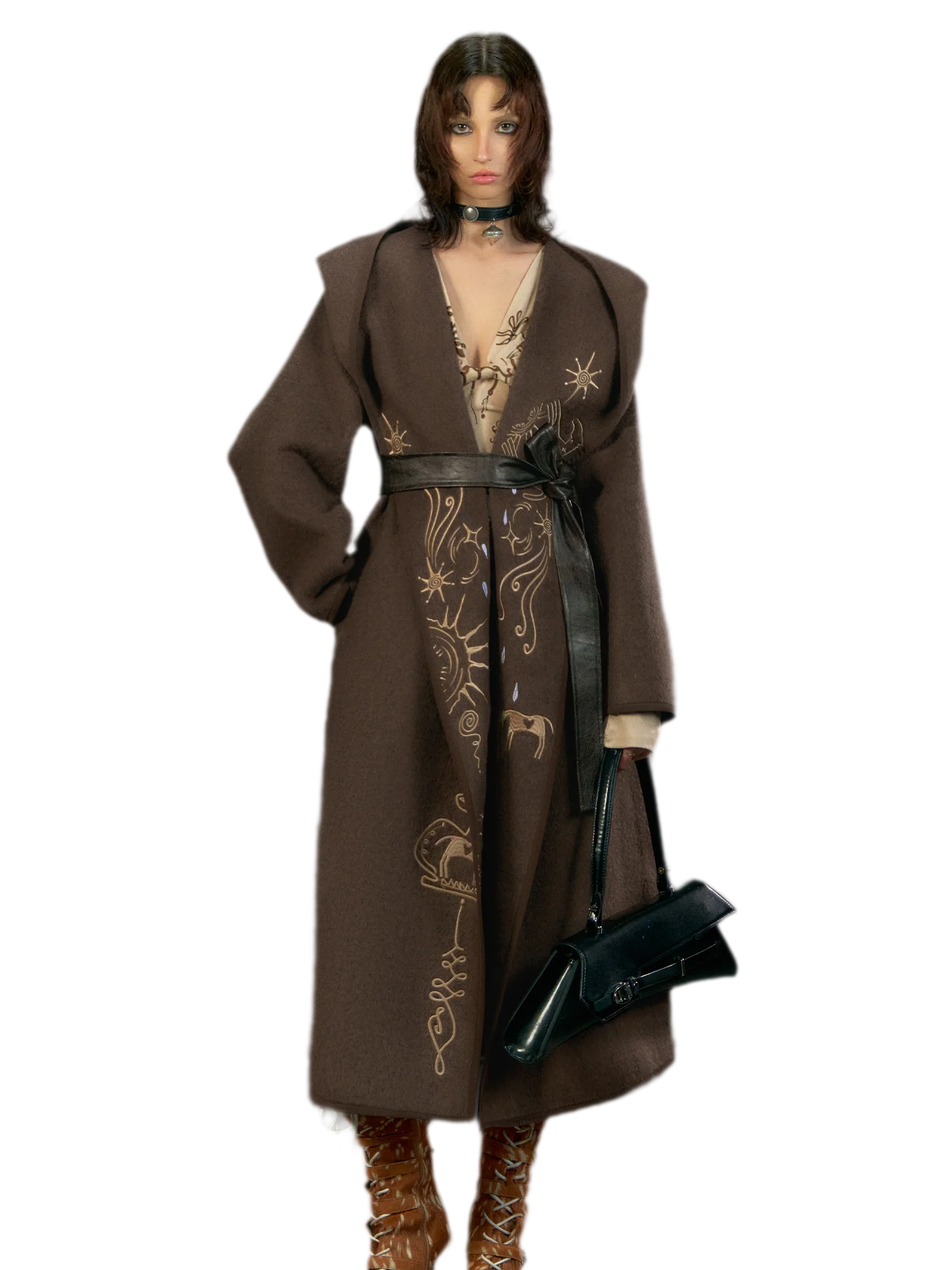 Embroidered Hooded Wool Coat