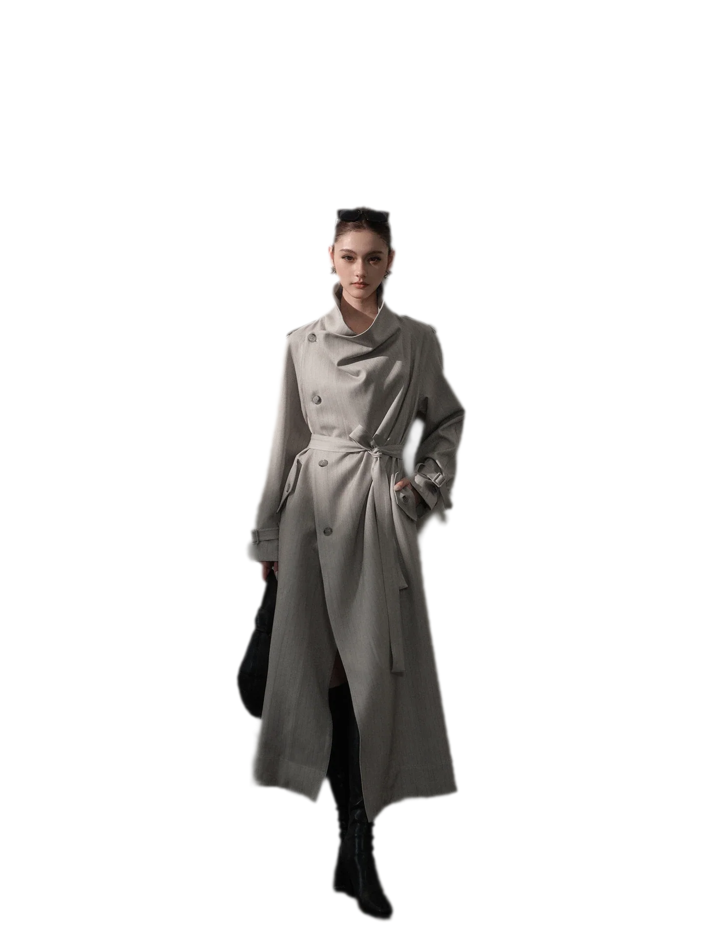 Silver-Thread Striped Long Trench Coat