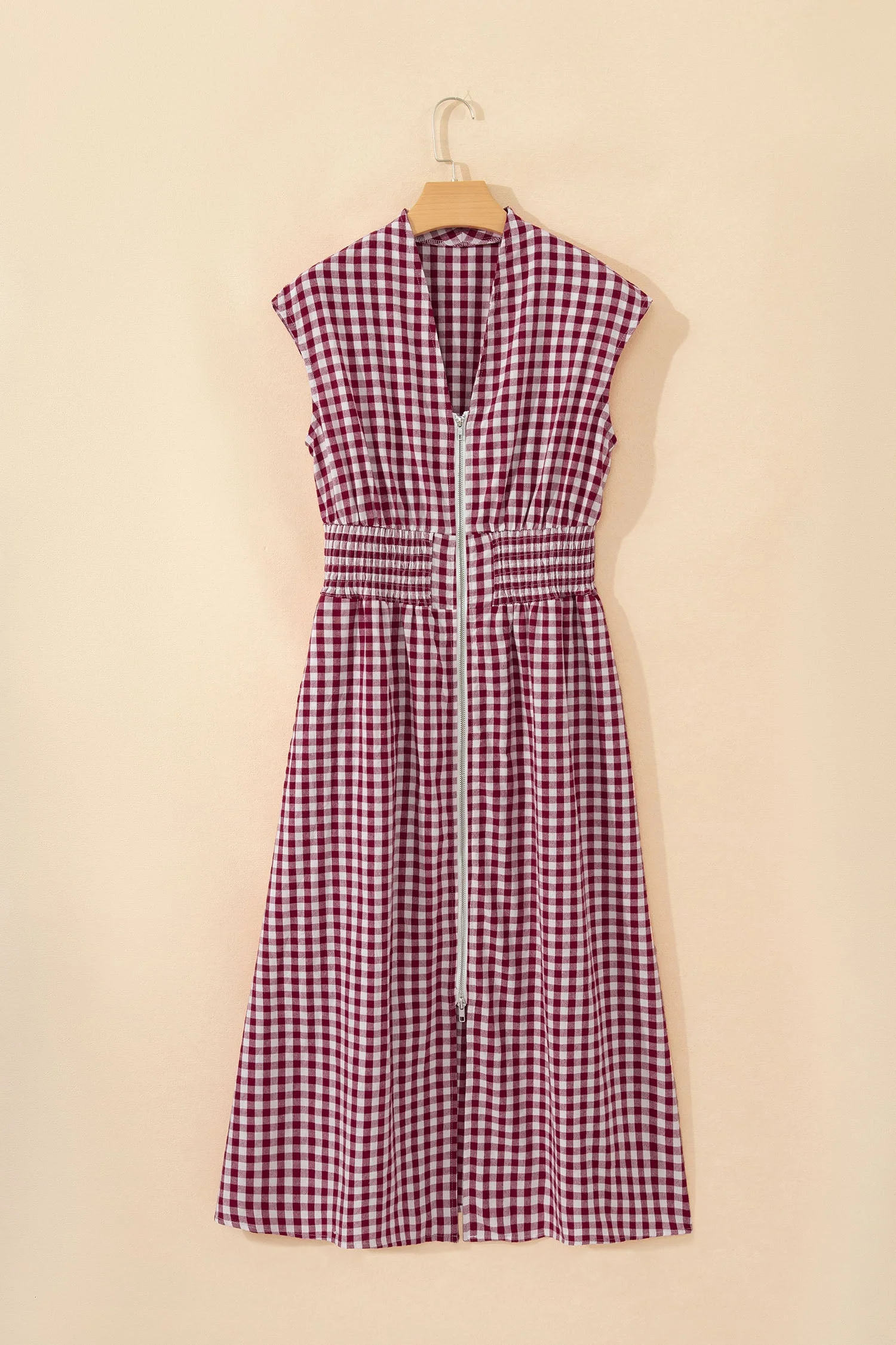 Red Plaid Print Full Zipper Cinched Waist Fit Flare Sleeveless Maxi Dress
