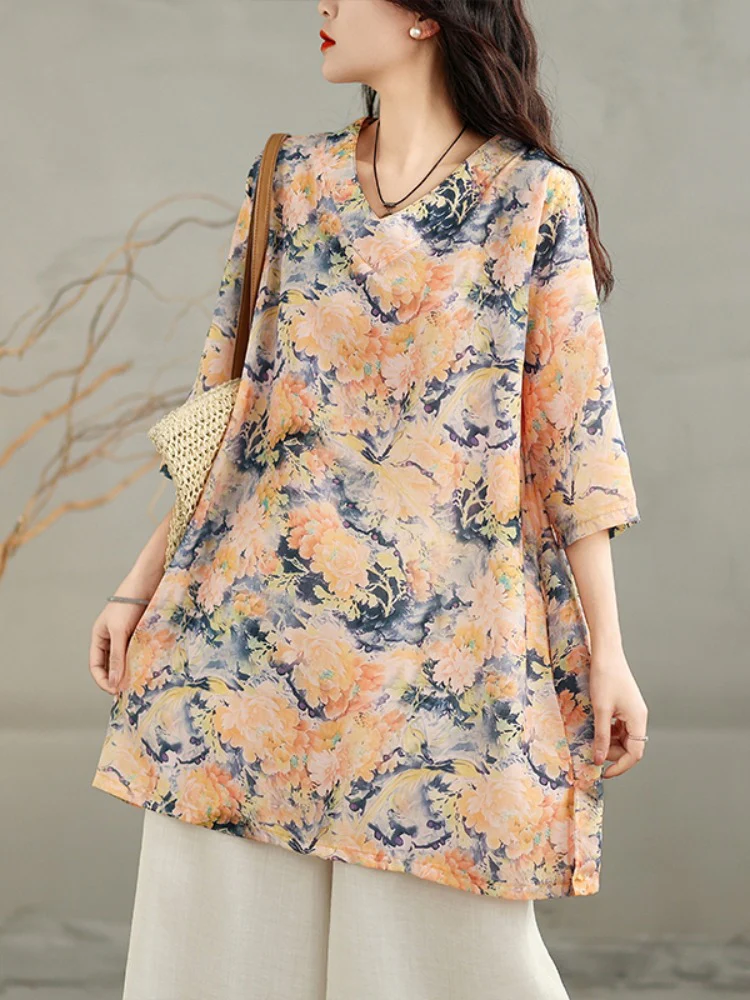 Ladies Retro Printed Loose V-Neck Mid-Length Cotton Linen T-Shirt