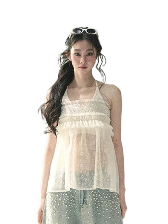 “Shattered Glass Veil” French Sheer Halter Lace Top