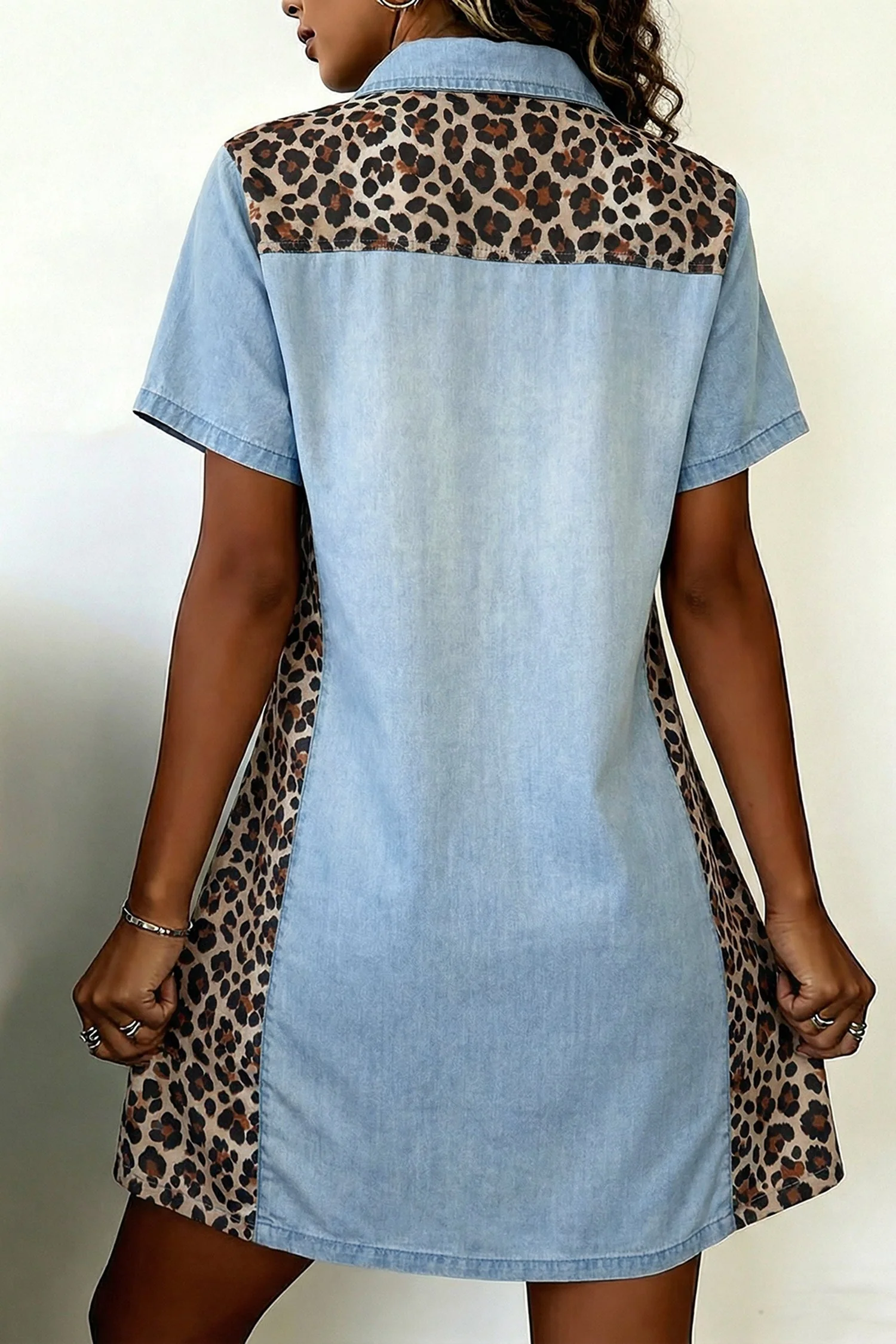 Denim Color Block Leopard Patchwork Shirt Collar T Shirt Mini Dress